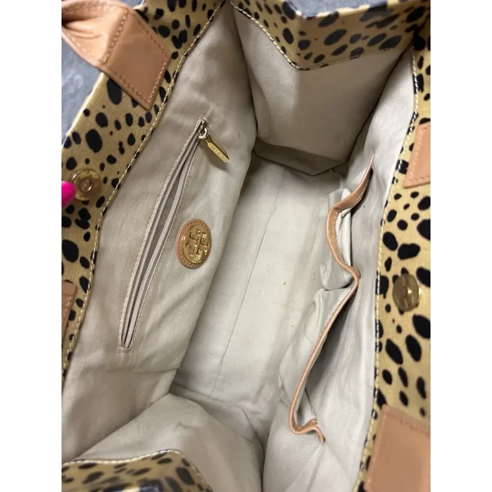 Tory Burch Ella Leopard Print Tote Bag Medium Canvas Brown Leather